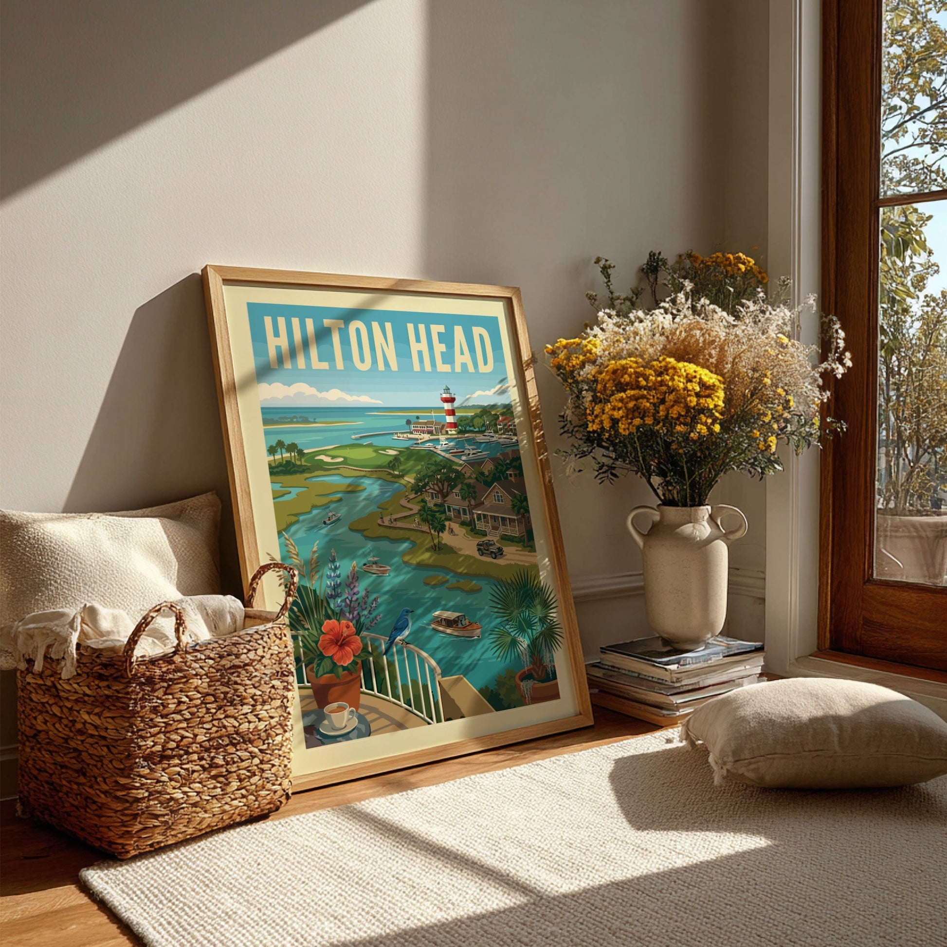 Retro travel poster of Hilton Head waterfront with lighthouse, boats, and coastal homes in a vibrant color