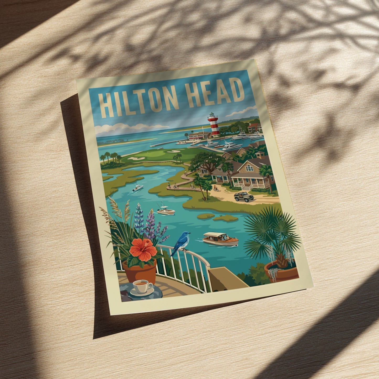 Retro travel poster of Hilton Head waterfront with lighthouse, boats, and coastal homes in a vibrant color