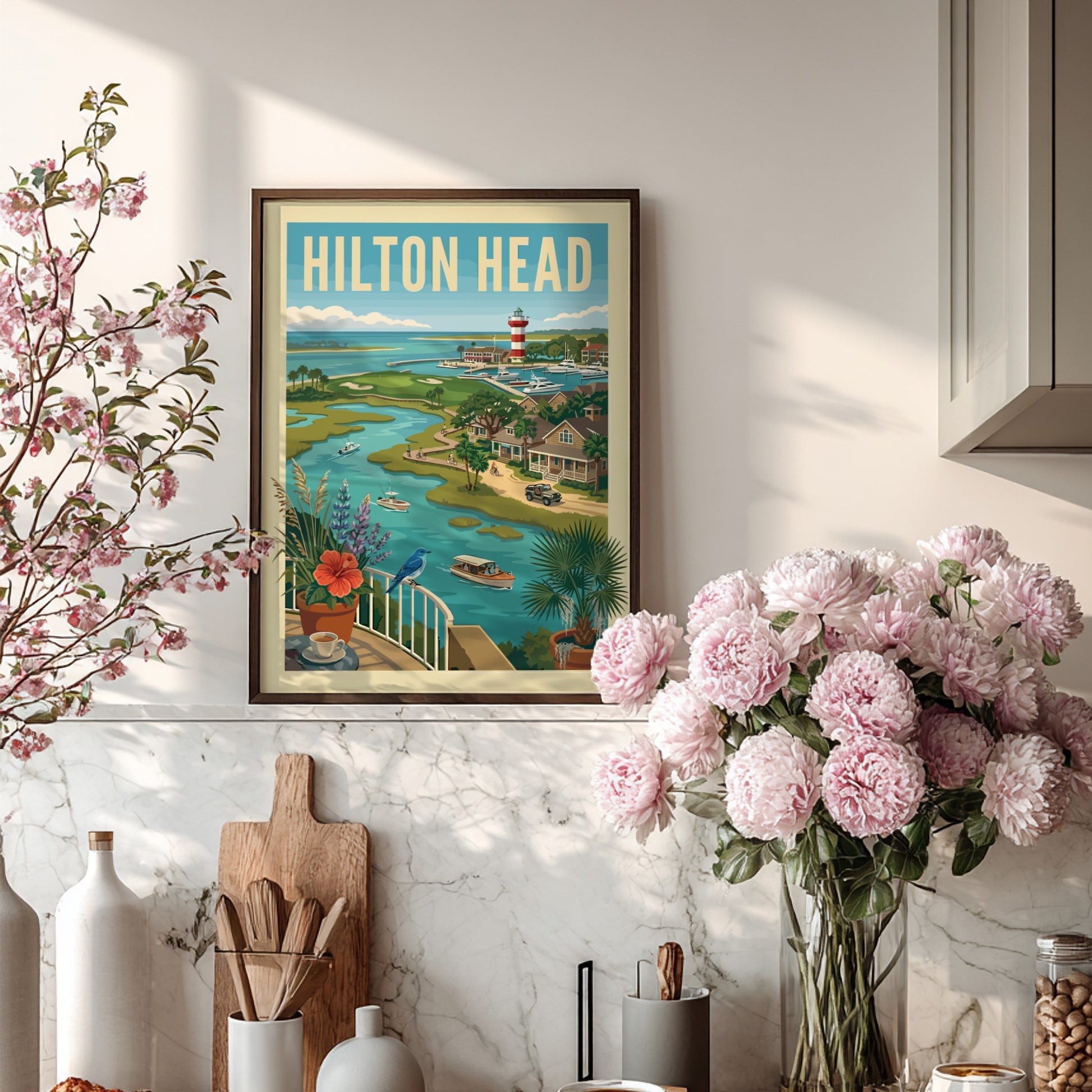 Retro travel poster of Hilton Head waterfront with lighthouse, boats, and coastal homes in a vibrant color