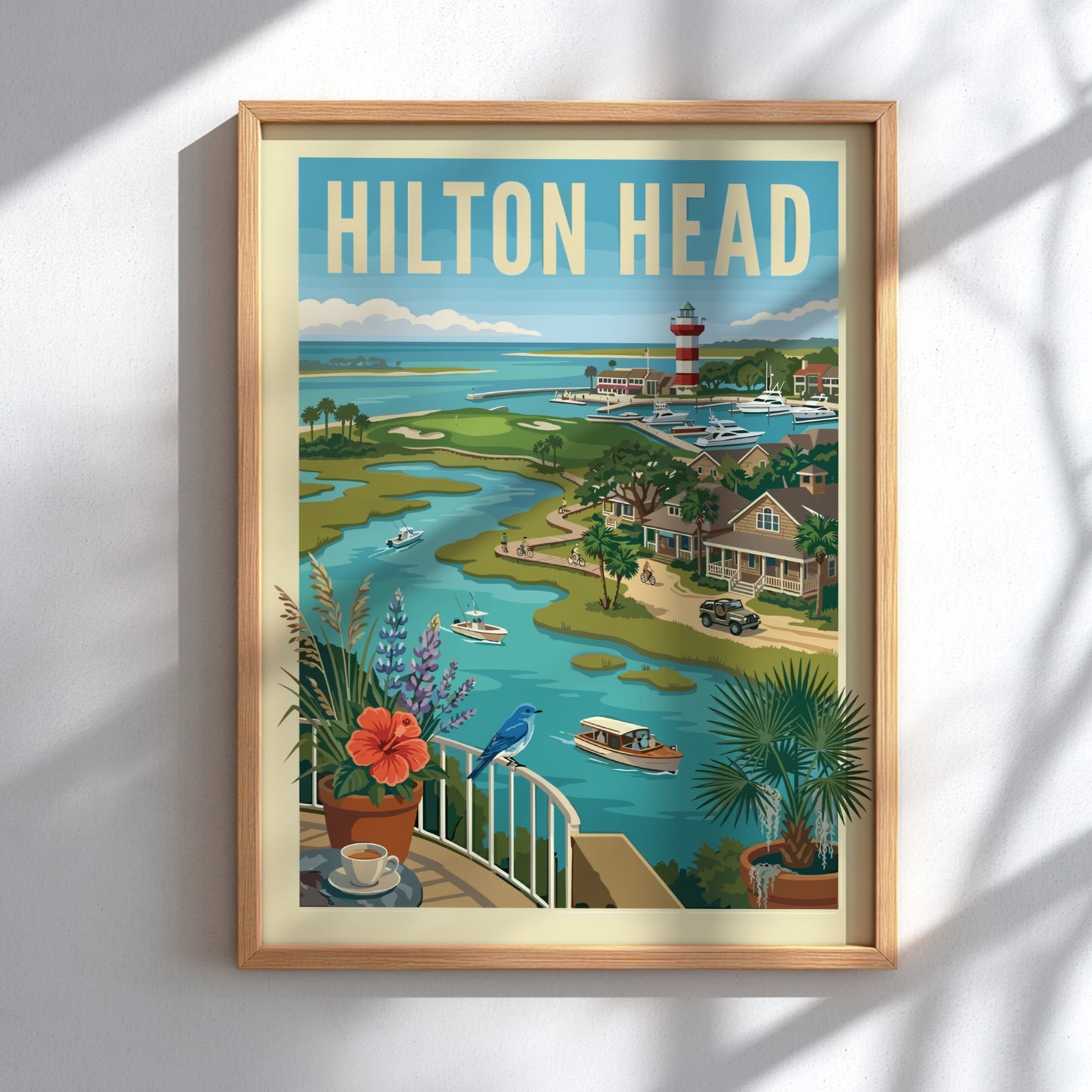 Retro travel poster of Hilton Head waterfront with lighthouse, boats, and coastal homes in a vibrant color