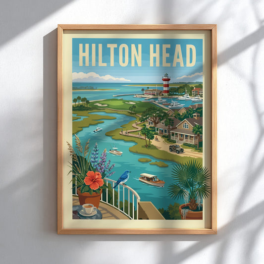 Retro travel poster of Hilton Head waterfront with lighthouse, boats, and coastal homes in a vibrant color