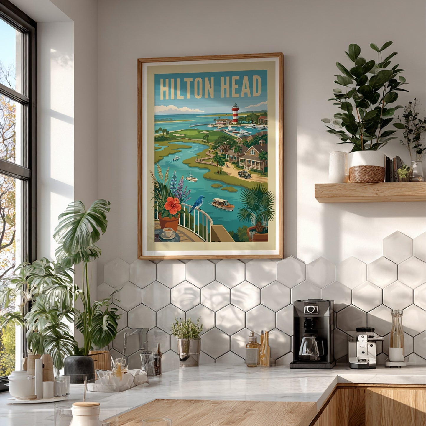 Retro travel poster of Hilton Head waterfront with lighthouse, boats, and coastal homes in a vibrant color