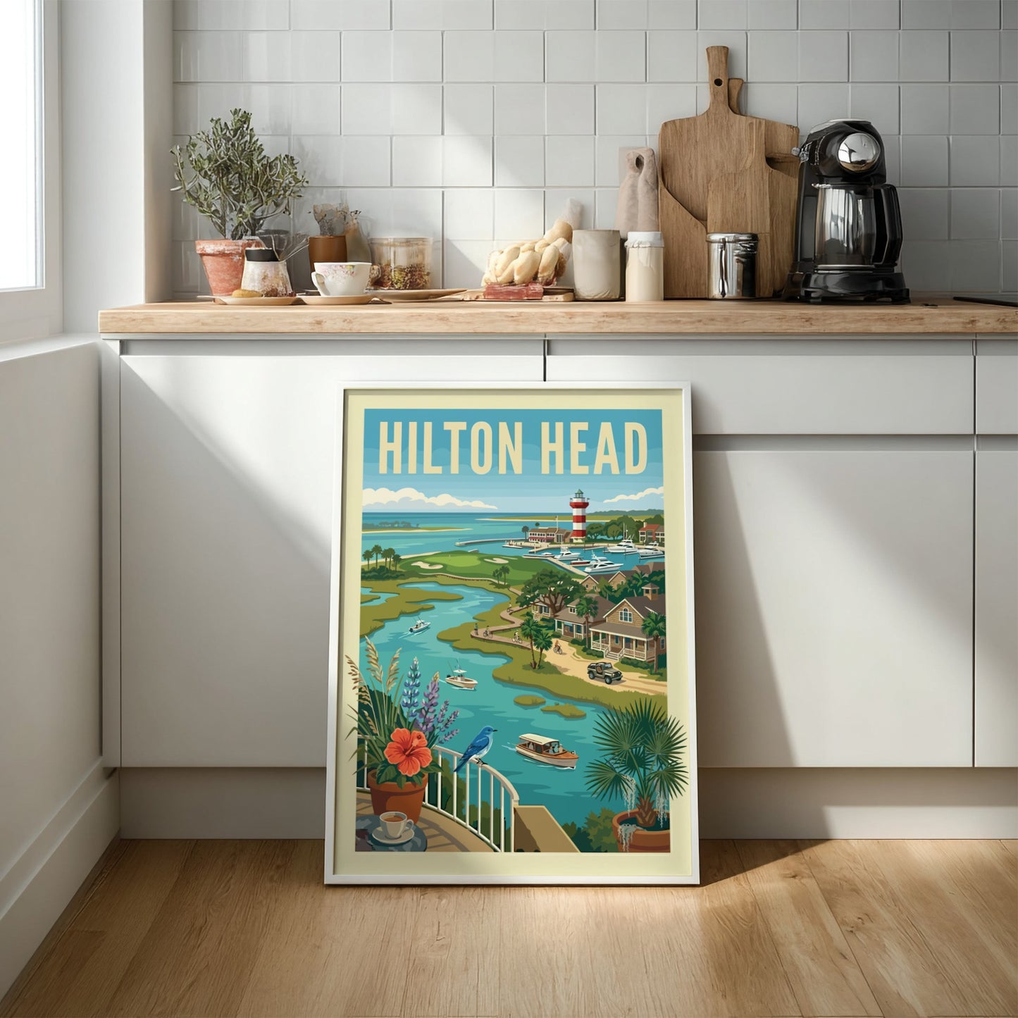 Retro travel poster of Hilton Head waterfront with lighthouse, boats, and coastal homes in a vibrant color