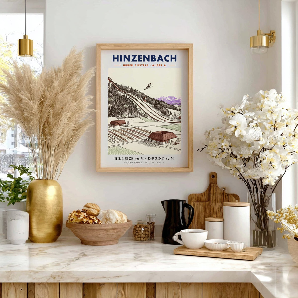 Poster of a ski jumper in Hinzenbach with mountain backdrop and architectural details.