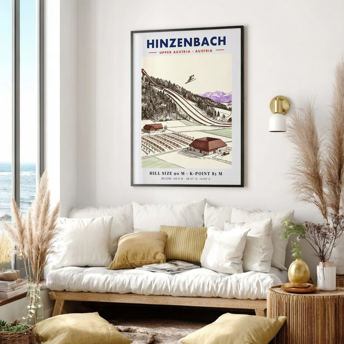 Poster of a ski jumper in Hinzenbach with mountain backdrop and architectural details.
