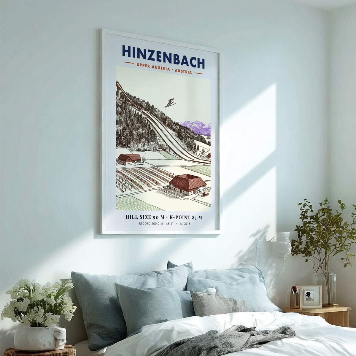 Poster of a ski jumper in Hinzenbach with mountain backdrop and architectural details.