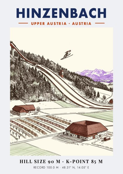 Poster of a ski jumper in Hinzenbach with mountain backdrop and architectural details.