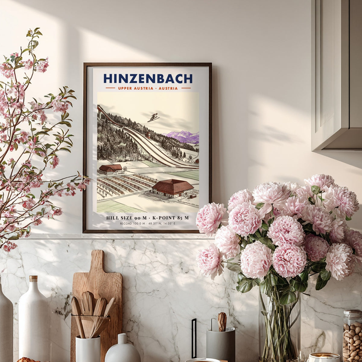 Poster of a ski jumper in Hinzenbach with mountain backdrop and architectural details.