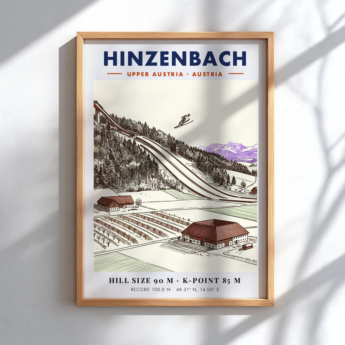 Poster of a ski jumper in Hinzenbach with mountain backdrop and architectural details.