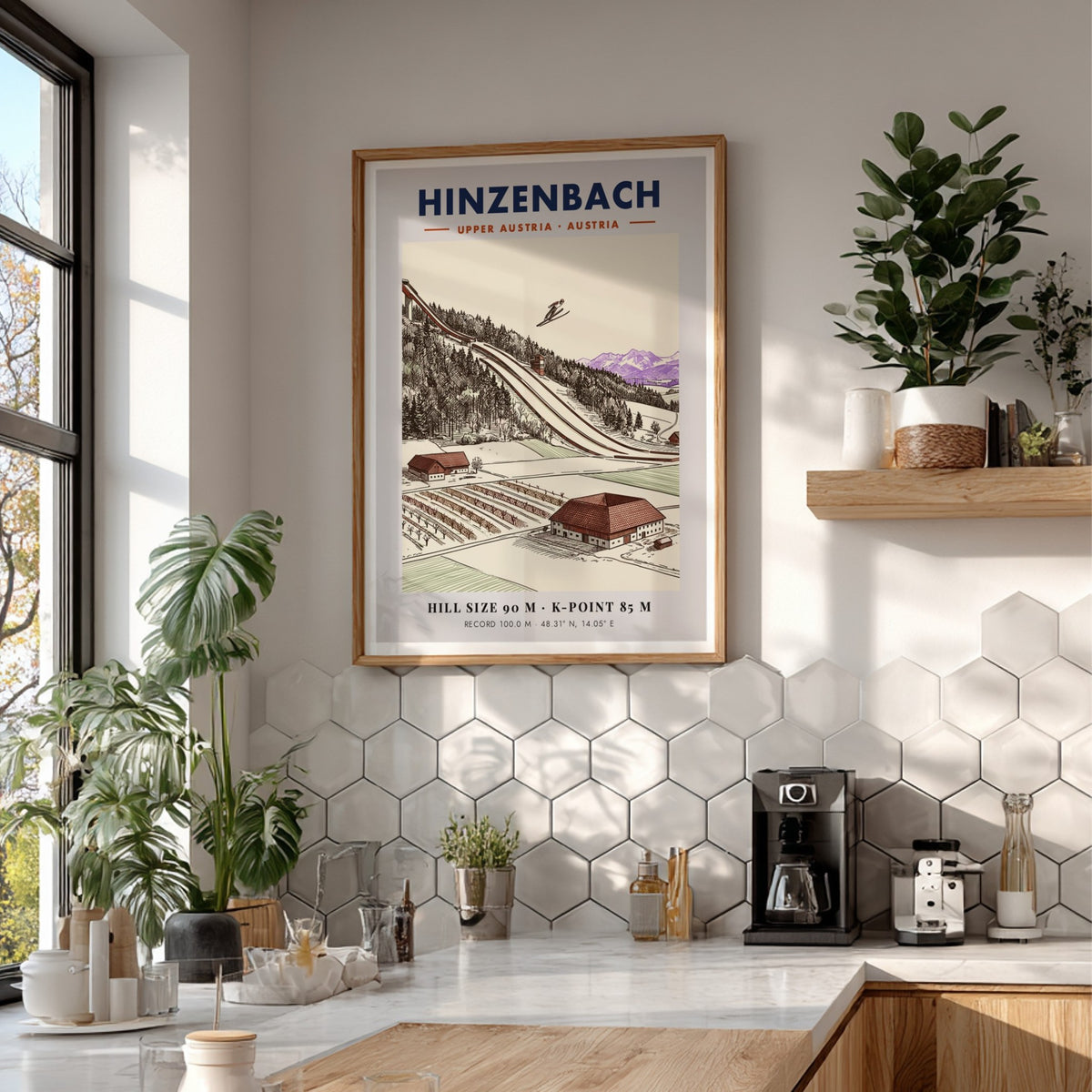 Poster of a ski jumper in Hinzenbach with mountain backdrop and architectural details.