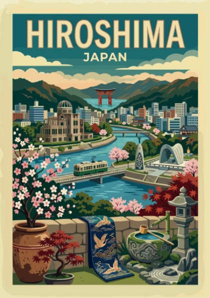 Retro Hiroshima travel poster featuring a Japanese cityscape with cherry blossoms and a river.