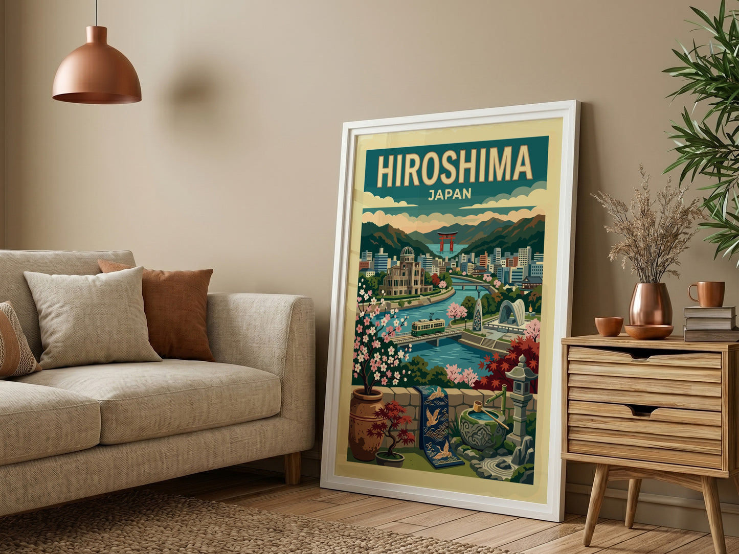 Retro Hiroshima travel poster featuring a Japanese cityscape with cherry blossoms and a river.