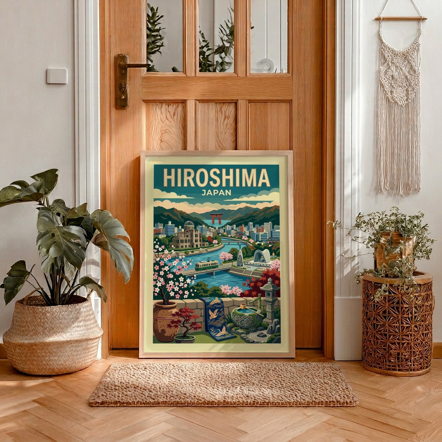 Retro Hiroshima travel poster featuring a Japanese cityscape with cherry blossoms and a river.