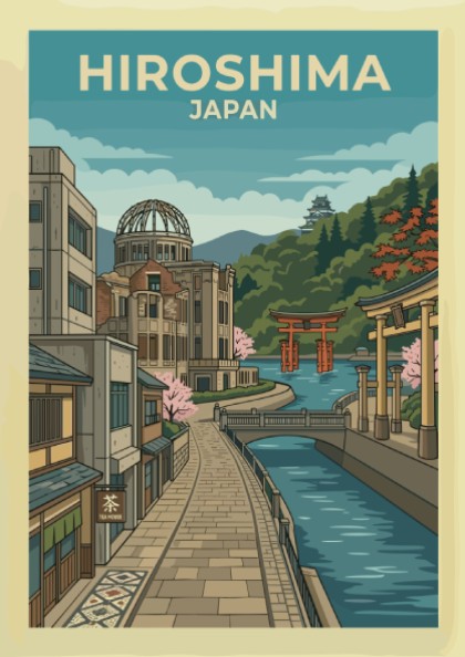 Hiroshima Japan travel poster with vintage illustration of a canal, buildings, and the Atomic Bomb Dome.