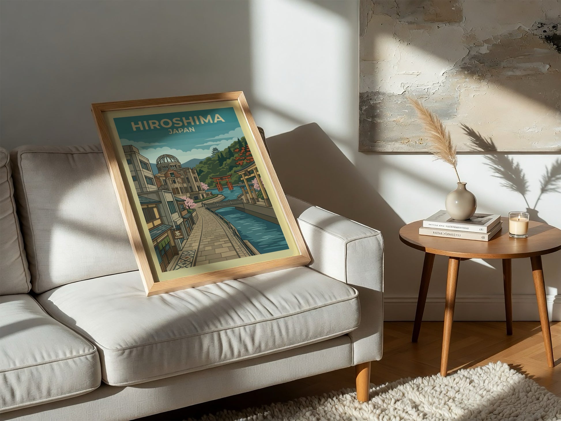 Hiroshima Japan travel poster with vintage illustration of a canal, buildings, and the Atomic Bomb Dome.