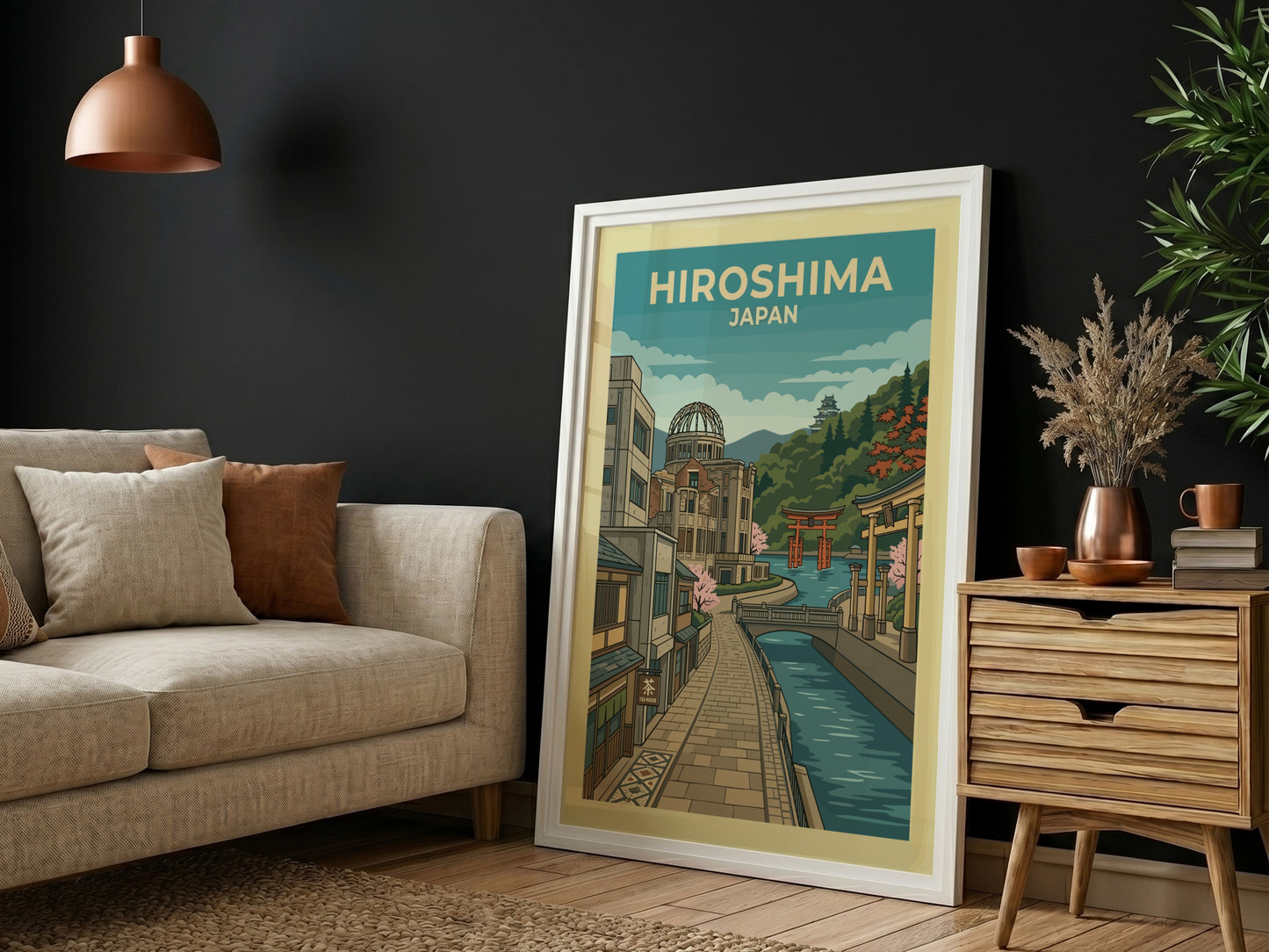 Hiroshima Japan travel poster with vintage illustration of a canal, buildings, and the Atomic Bomb Dome.