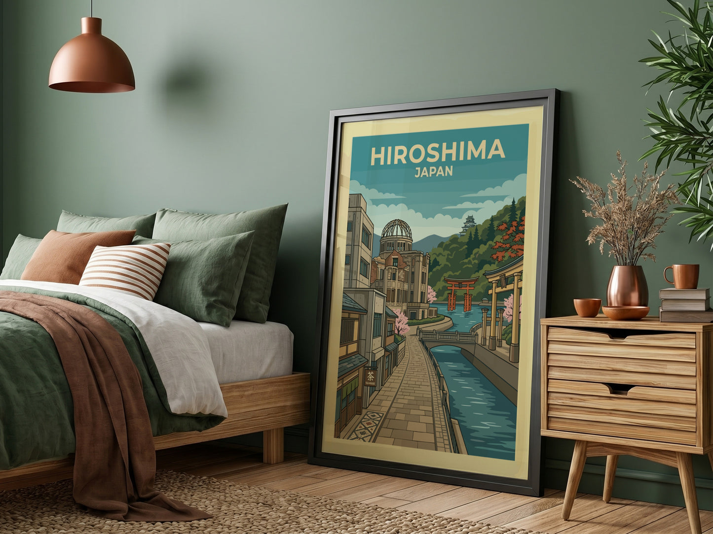 Hiroshima Japan travel poster with vintage illustration of a canal, buildings, and the Atomic Bomb Dome.
