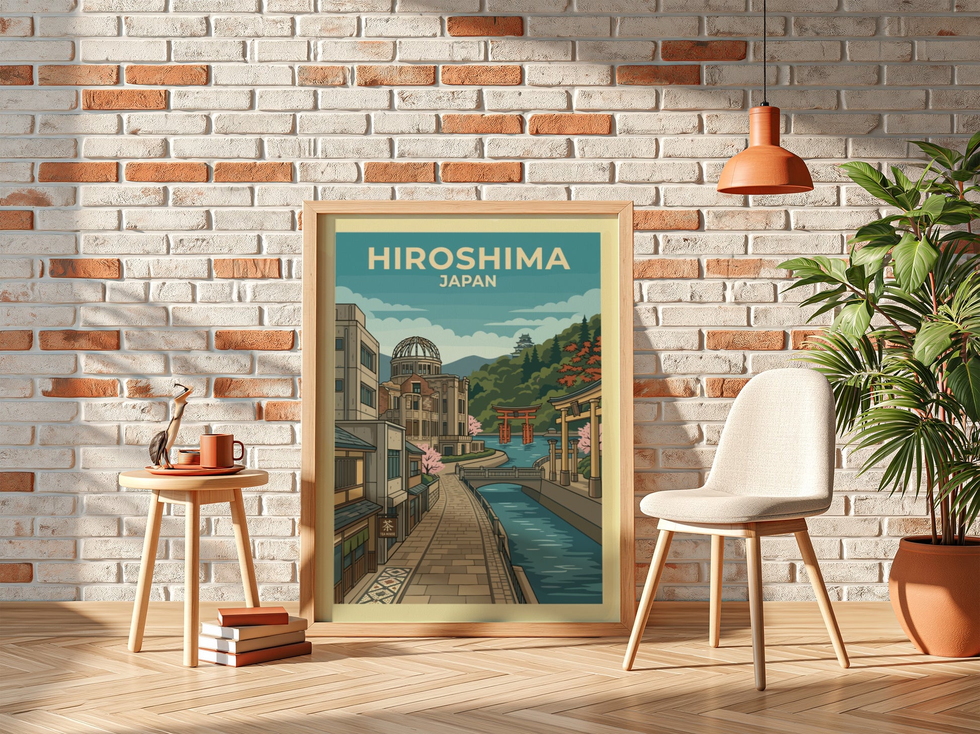 Hiroshima Japan travel poster with vintage illustration of a canal, buildings, and the Atomic Bomb Dome.