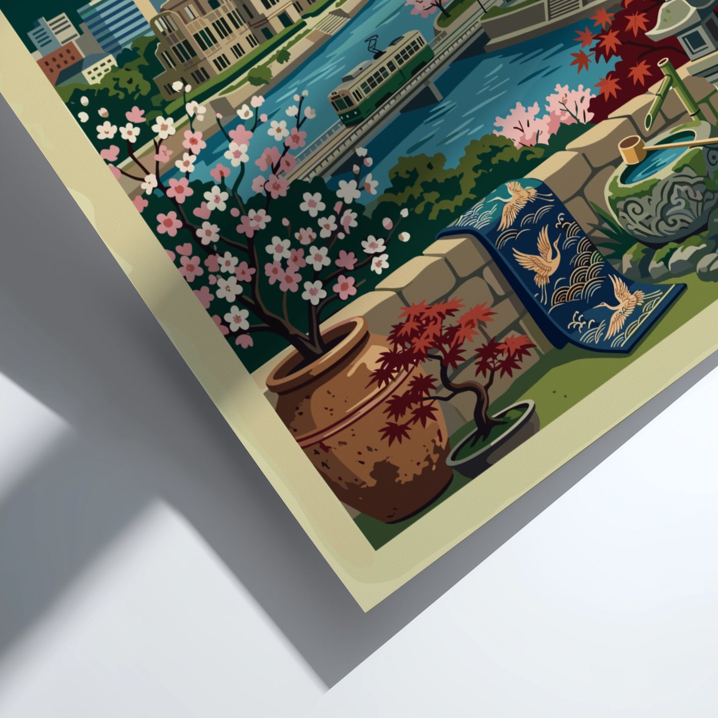 Retro Hiroshima travel poster featuring a Japanese cityscape with cherry blossoms and a river.