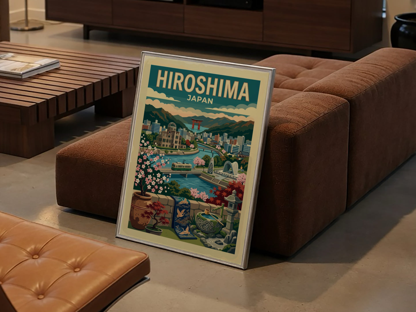 Retro Hiroshima travel poster featuring a Japanese cityscape with cherry blossoms and a river.