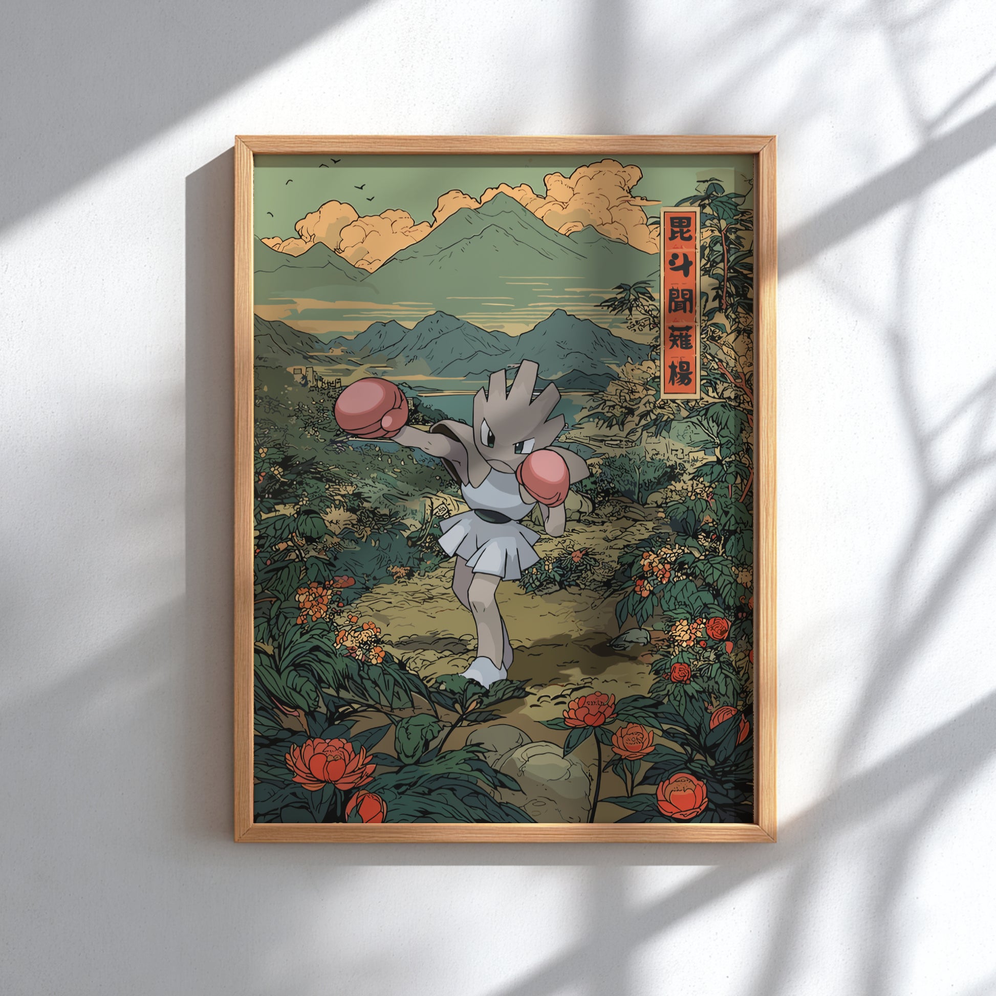 Framed artwork of Hitmonchan Pokemon character in a natural setting with mountains and flowers.