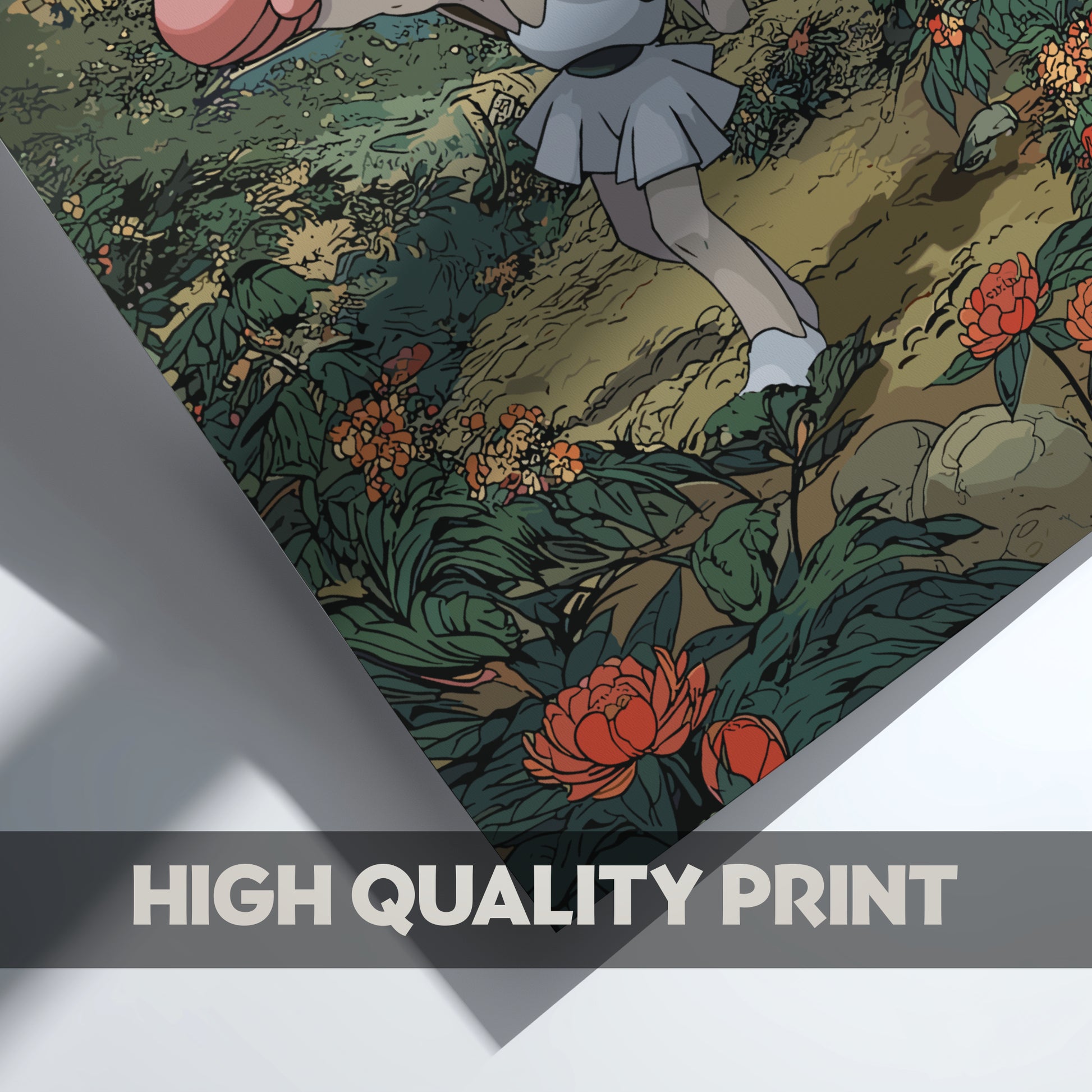 Illustration of Hitmonchan Pokemon in a forest with flowers and plants, labeled 'High Quality Print'.