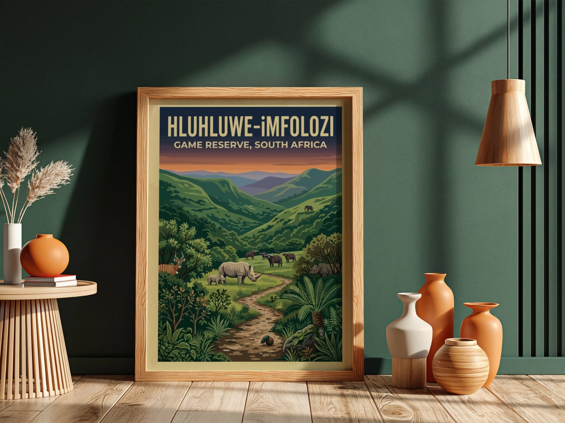 Hluhluwe-iMfolozi poster featuring vibrant greens and wildlife, nature landscape art for home decor
