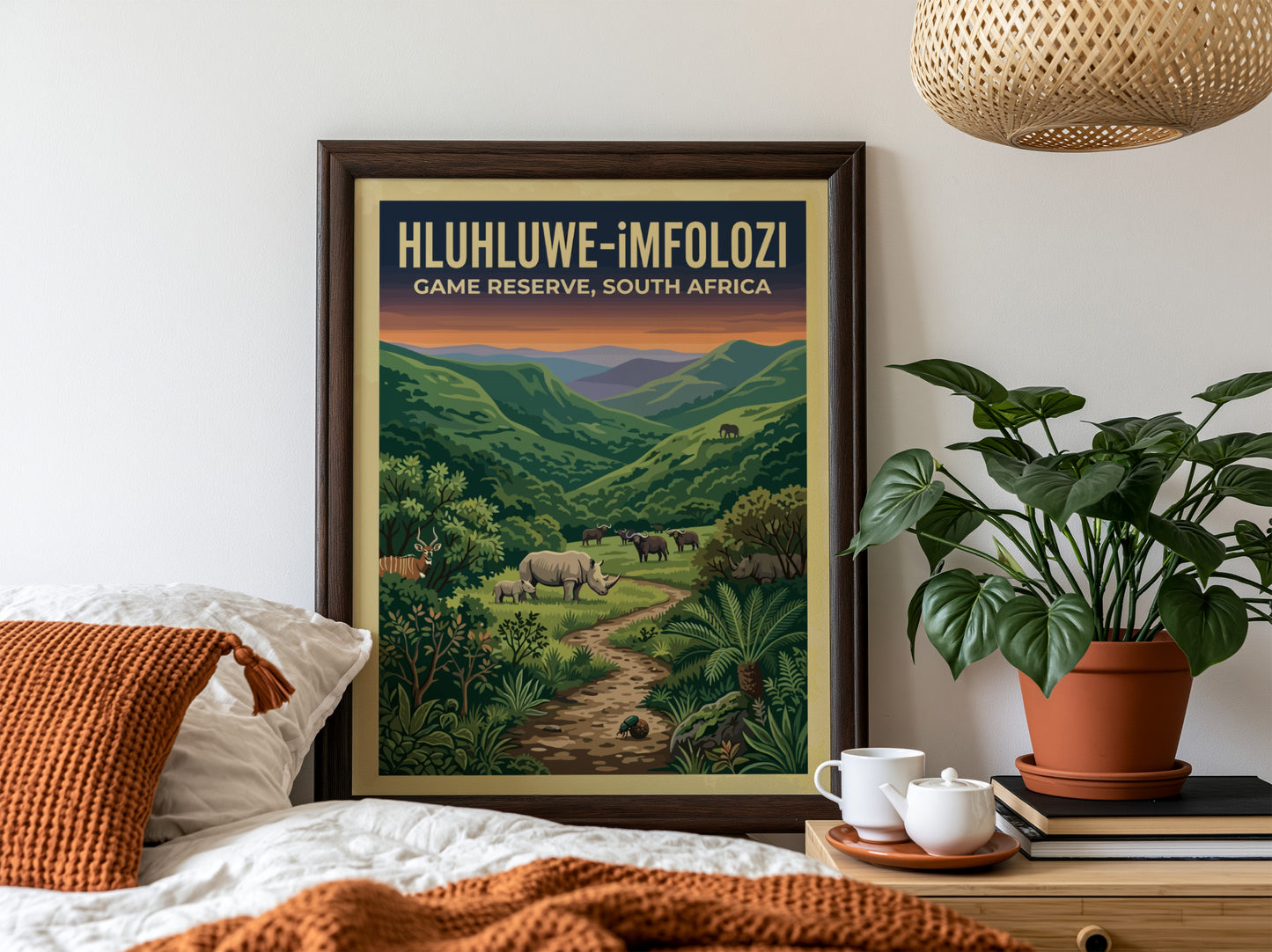 Hluhluwe-iMfolozi poster featuring vibrant greens and wildlife, nature landscape art for home decor