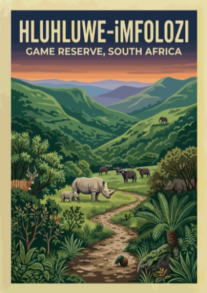Hluhluwe-iMfolozi poster featuring vibrant greens and wildlife, nature landscape art for home decor