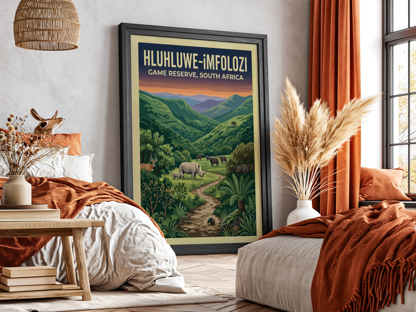 Hluhluwe-iMfolozi poster featuring vibrant greens and wildlife, nature landscape art for home decor