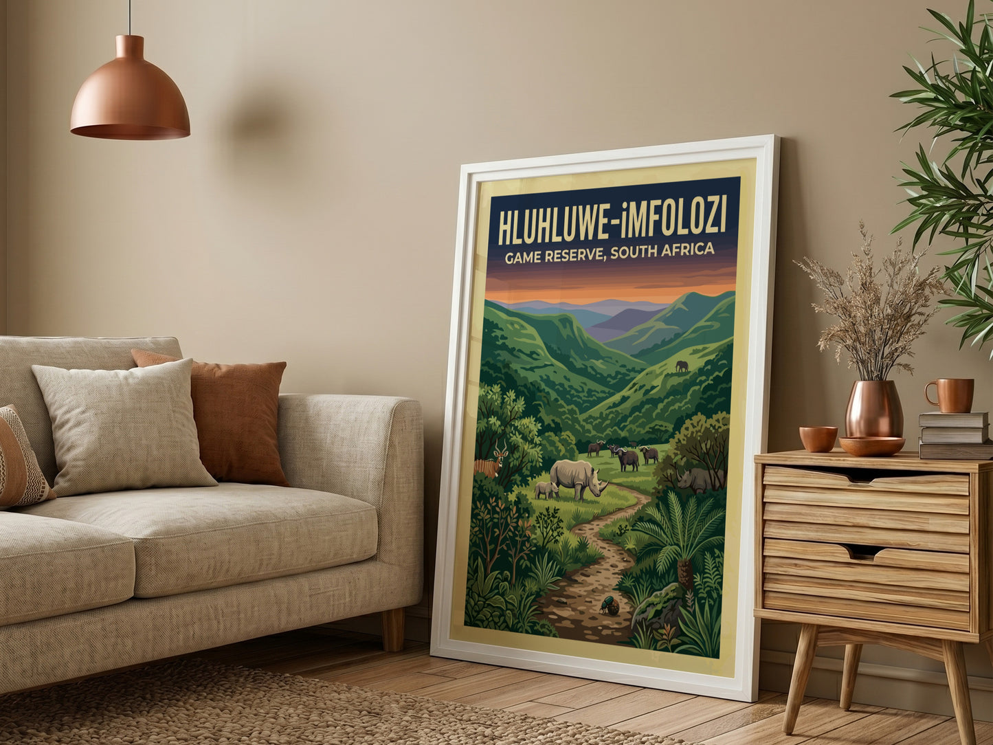 Hluhluwe-iMfolozi poster featuring vibrant greens and wildlife, nature landscape art for home decor