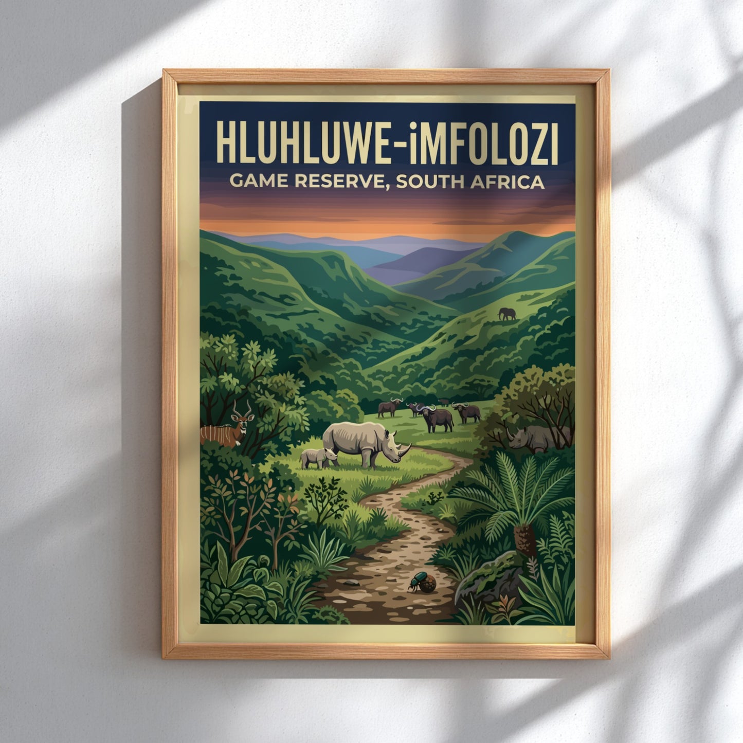 Hluhluwe-iMfolozi poster featuring vibrant greens and wildlife, nature landscape art for home decor