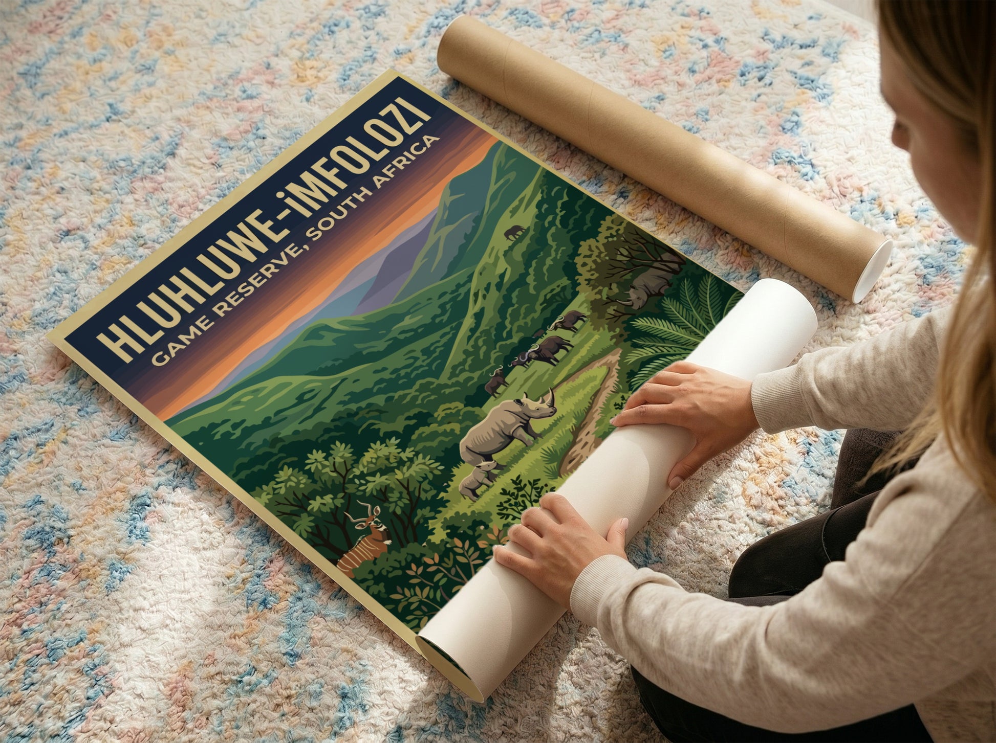 Hluhluwe-iMfolozi poster featuring vibrant greens and wildlife, nature landscape art for home decor