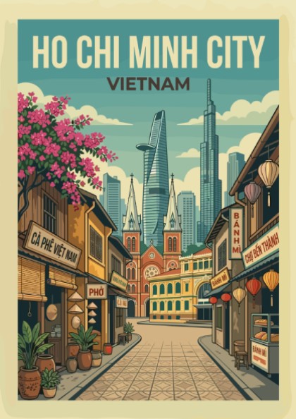 Ho Chi Minh City travel poster featuring a street scene with buildings and skyscrapers, in a vintage style.