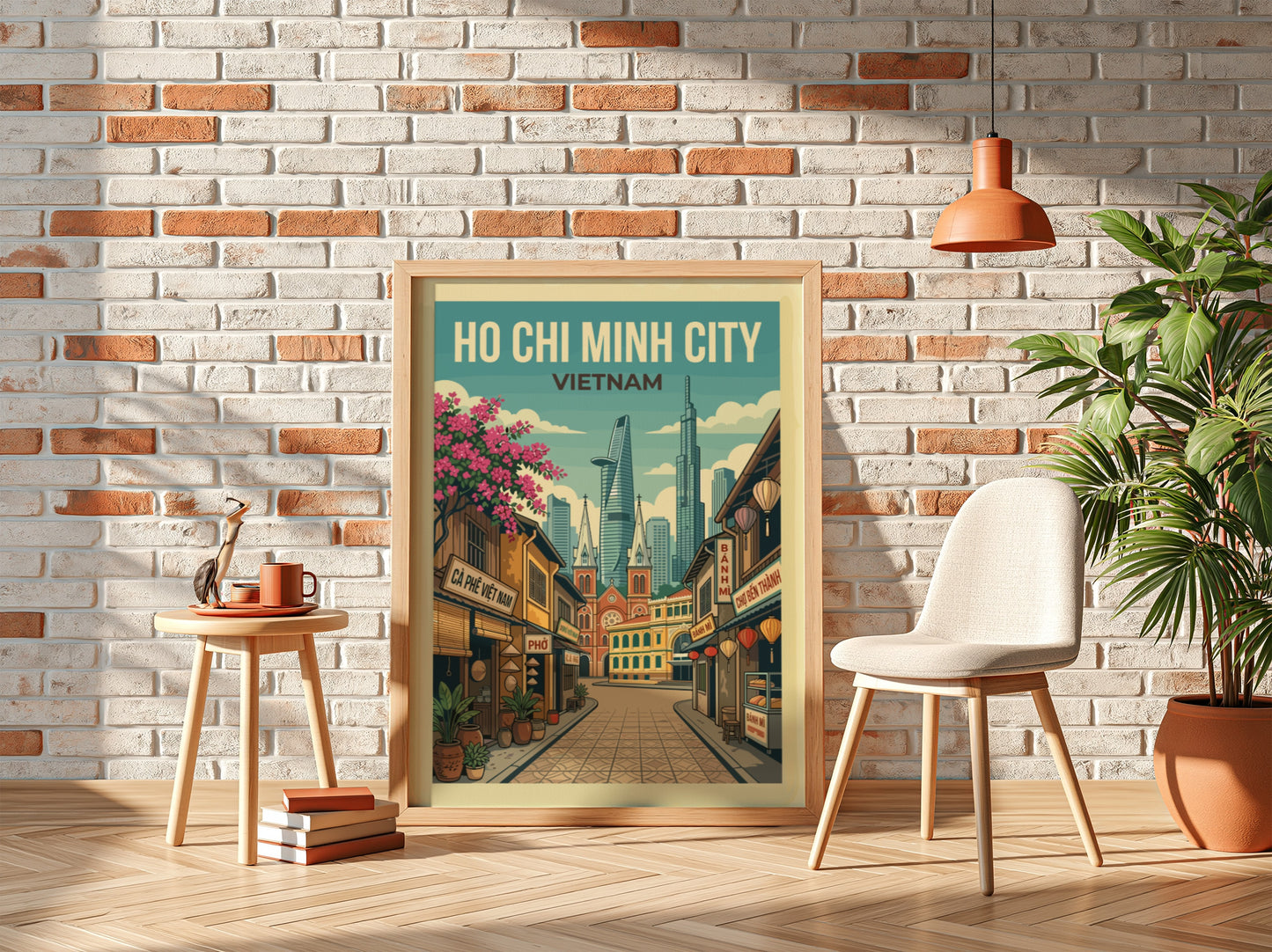 Ho Chi Minh City travel poster featuring a street scene with buildings and skyscrapers, in a vintage style.