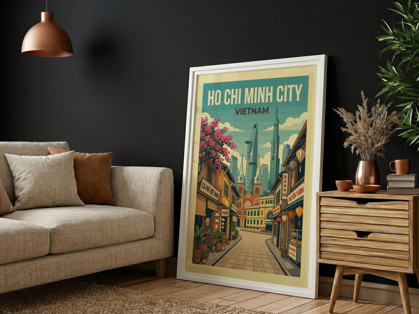 Ho Chi Minh City travel poster featuring a street scene with buildings and skyscrapers, in a vintage style.