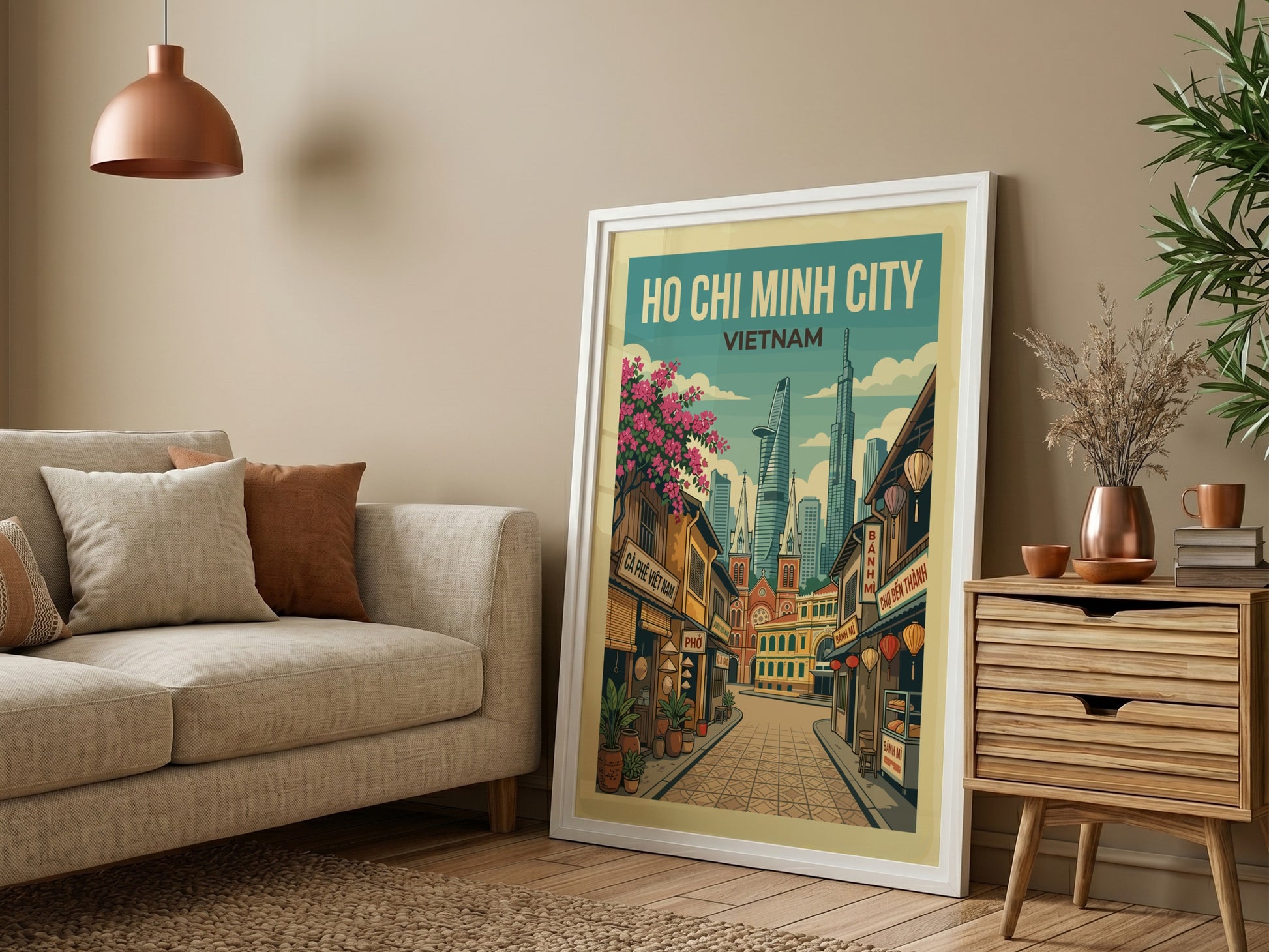 Ho Chi Minh City travel poster featuring a street scene with buildings and skyscrapers, in a vintage style.