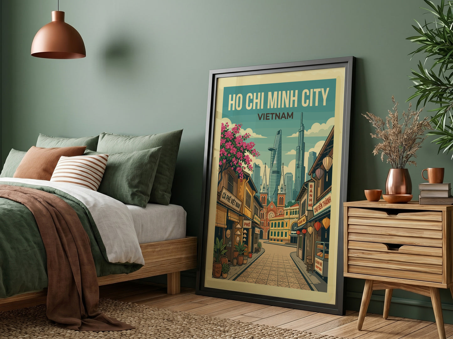 Ho Chi Minh City travel poster featuring a street scene with buildings and skyscrapers, in a vintage style.