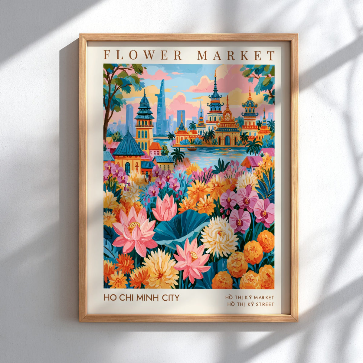 Flower market poster featuring vibrant flowers and city skyline in Ho Chi Minh City
