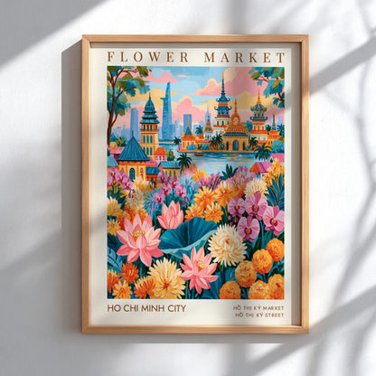 Flower market poster featuring vibrant flowers and city skyline in Ho Chi Minh City