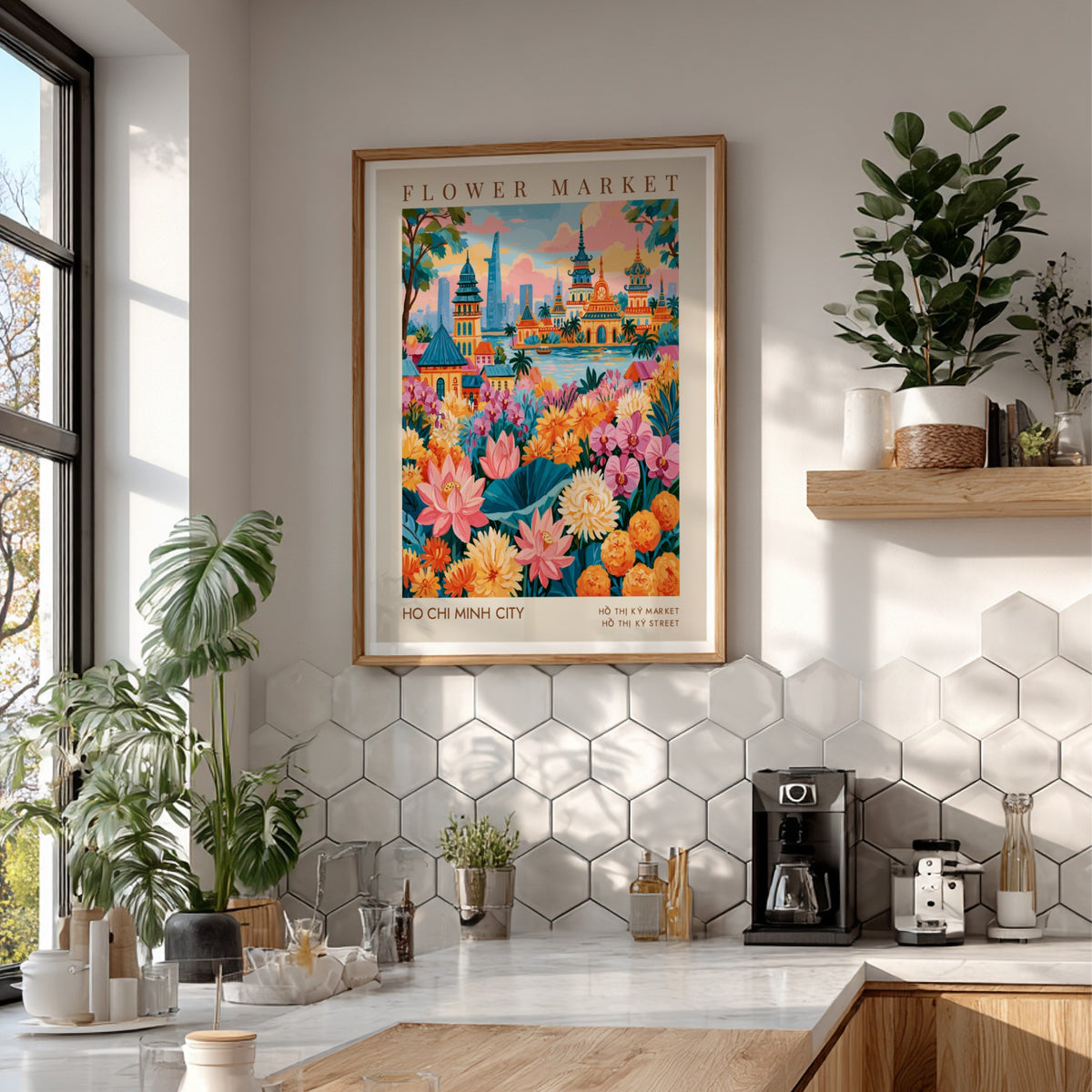 Flower market poster featuring vibrant flowers and city skyline in Ho Chi Minh City