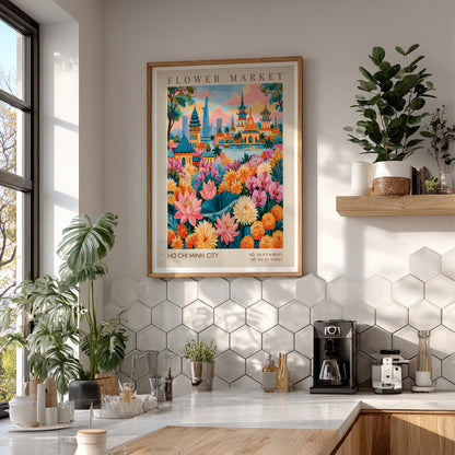 Flower market poster featuring vibrant flowers and city skyline in Ho Chi Minh City