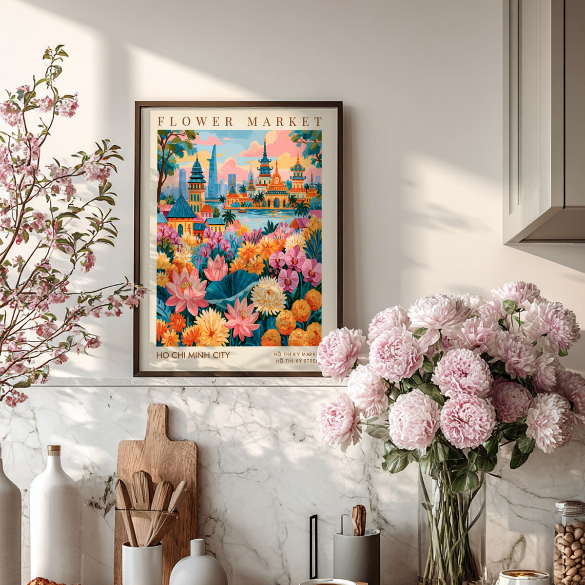 Flower market poster featuring vibrant flowers and city skyline in Ho Chi Minh City