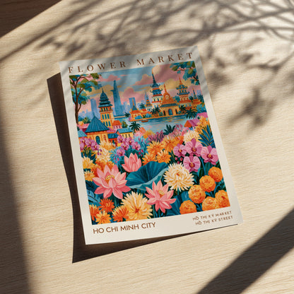 Flower market poster featuring vibrant flowers and city skyline in Ho Chi Minh City