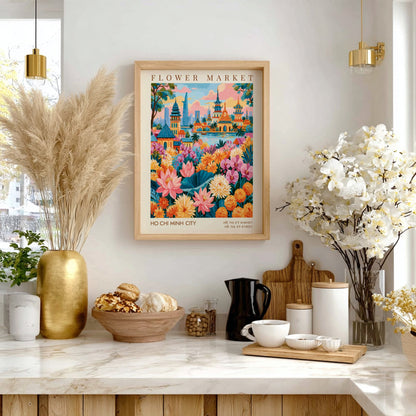 Flower market poster featuring vibrant flowers and city skyline in Ho Chi Minh City