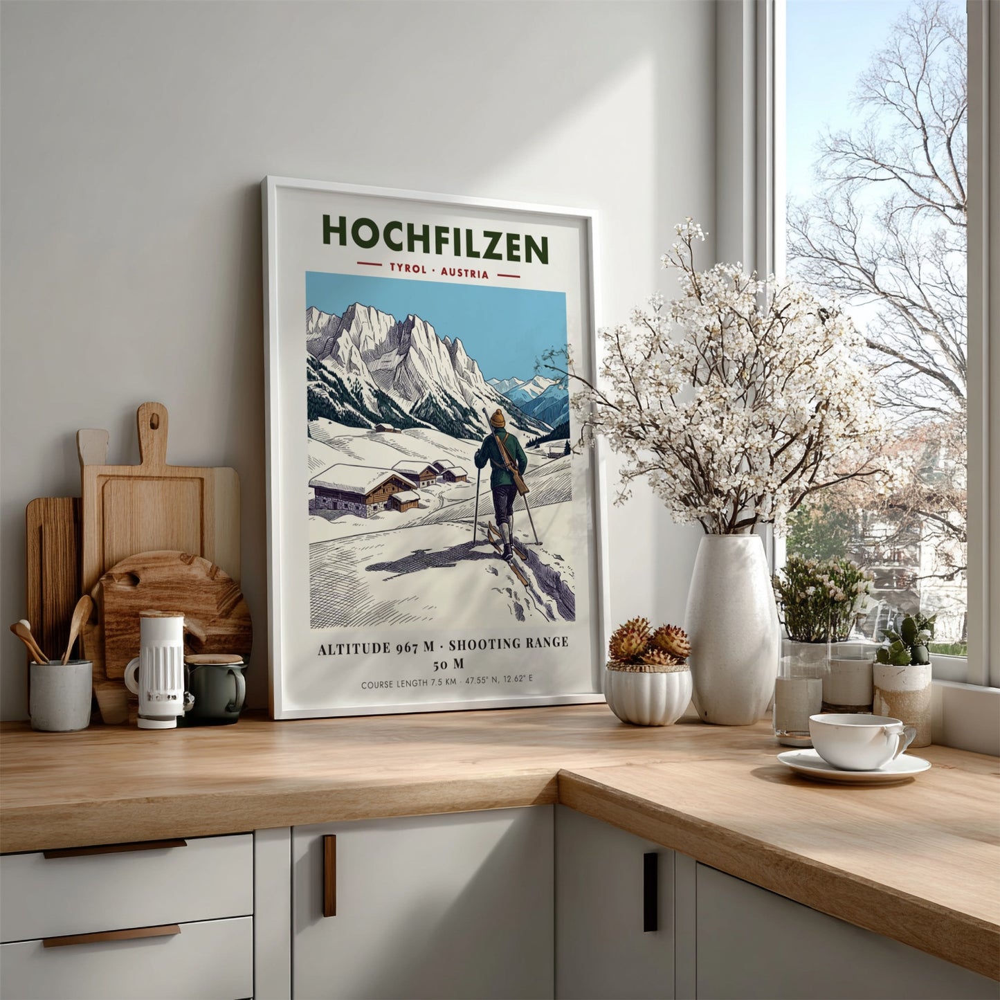 Poster of a biathlete skiing in Hochfilzen with snowy mountains and wooden cabins.