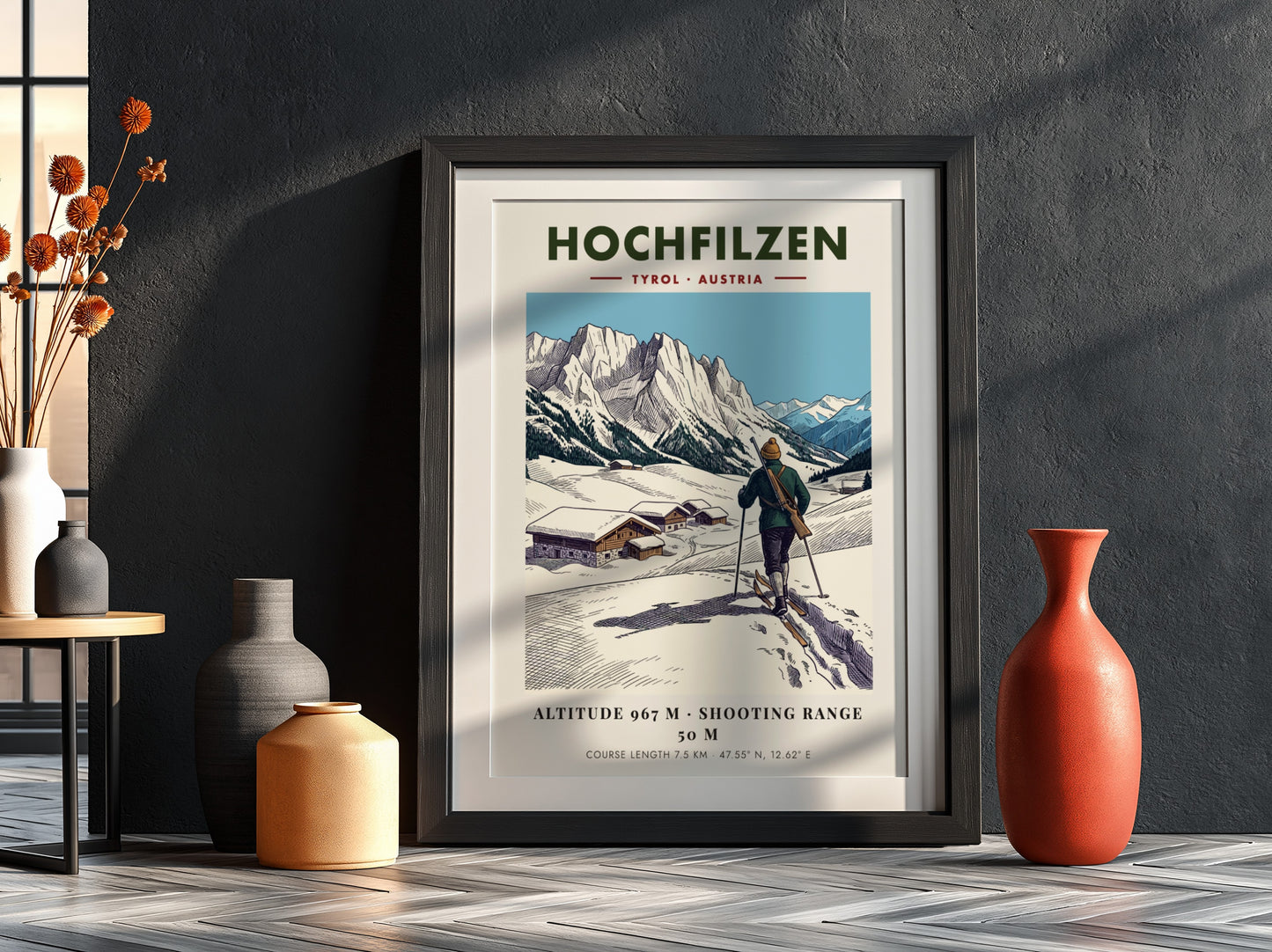 Poster of a biathlete skiing in Hochfilzen with snowy mountains and wooden cabins.