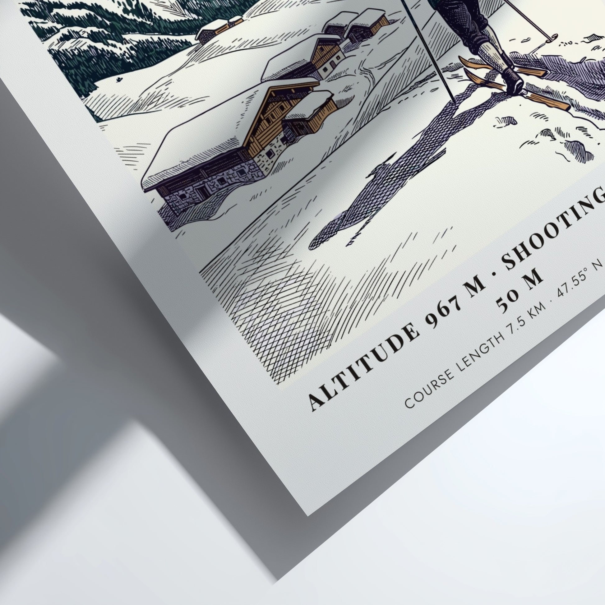 Poster of a biathlete skiing in Hochfilzen with snowy mountains and wooden cabins.