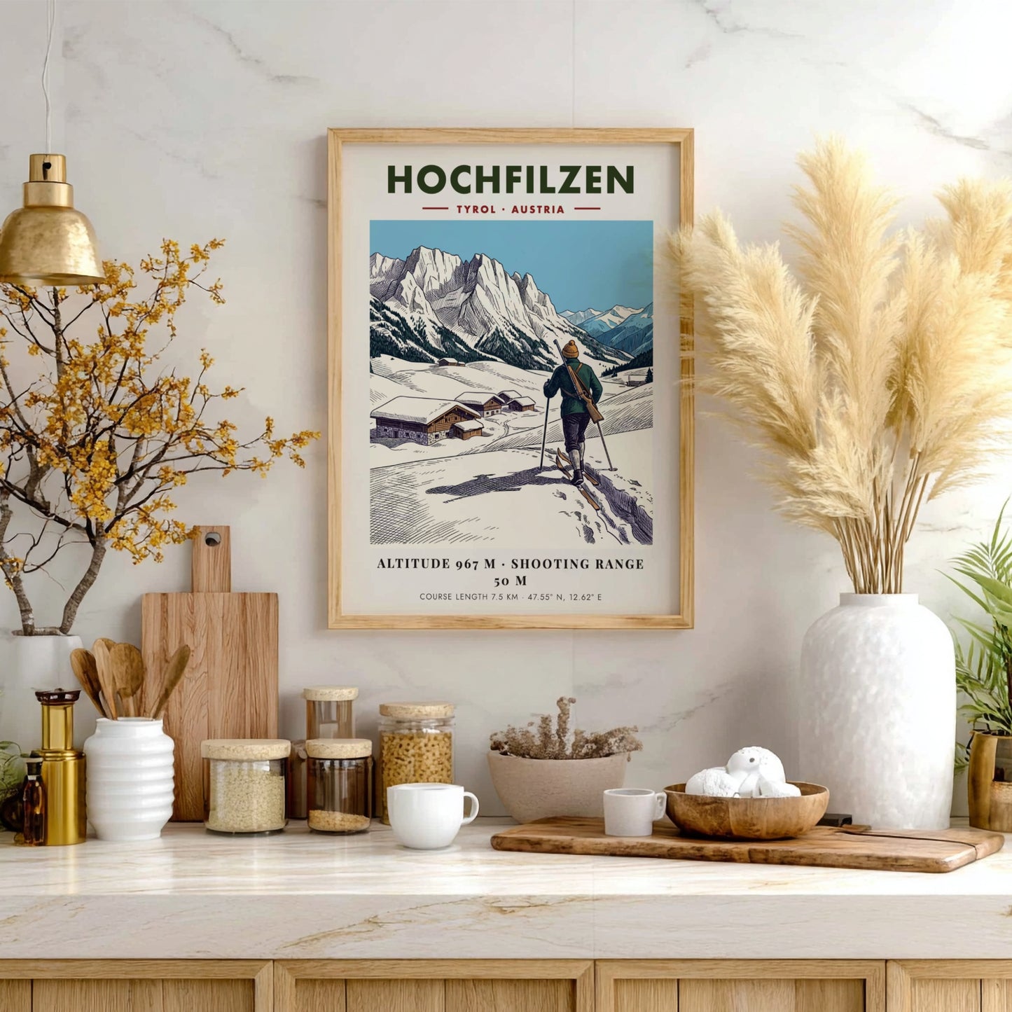 Poster of a biathlete skiing in Hochfilzen with snowy mountains and wooden cabins.