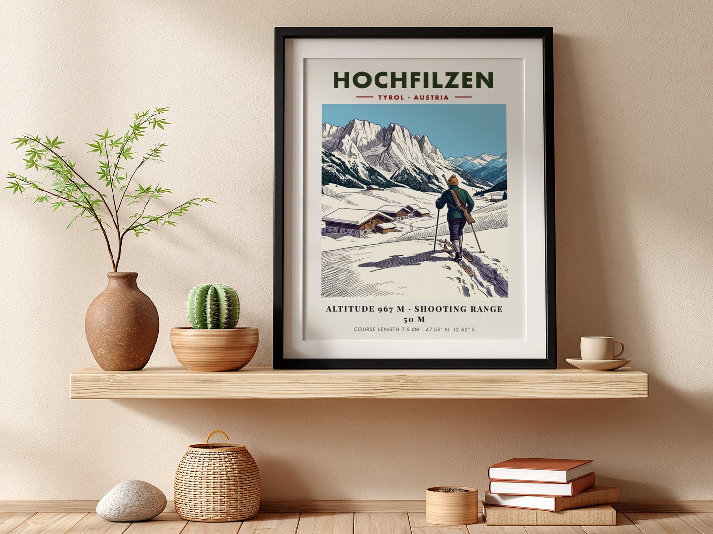 Poster of a biathlete skiing in Hochfilzen with snowy mountains and wooden cabins.
